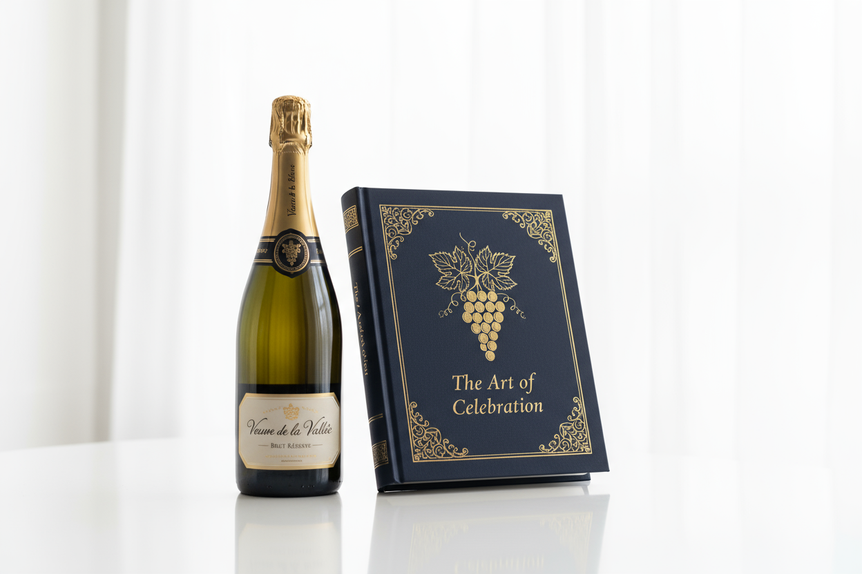 sektflasche und buch